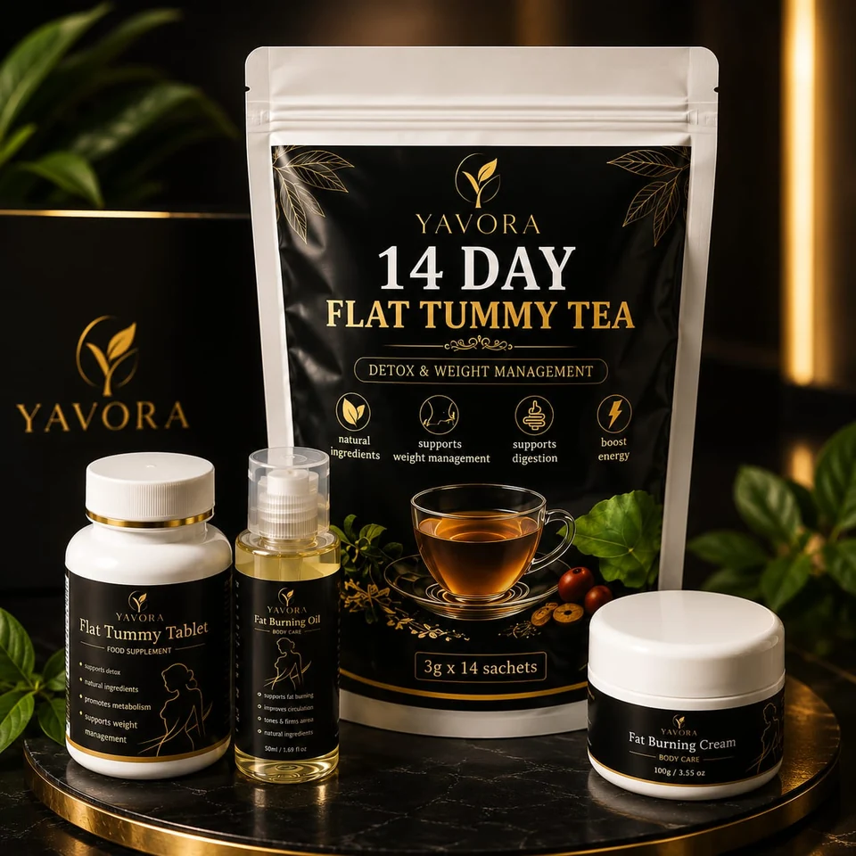 The complete YAVORA wellness ritual in a black and gold setting